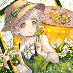 belt blush bow chamomile eyebrows_visible_through_hair flower green_bow green_eyes green_ribbon grey_hair hat hat_bow hat_ribbon holding holding_flower long_sleeves looking_at_viewer original parted_lips ribbon roo short_hair smile solo 