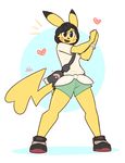 &lt;3 anthro bag black_eyes black_hair bracelet breasts cleft_tail clothed clothing cosplay eyebrows female footwear fur hair hi_res jewelry kilinah looking_at_viewer moon_(pok&eacute;mon) nintendo open_mouth pikachu pok&eacute;mon shirt shoes shorts smile solo standing video_games yellow_fur 