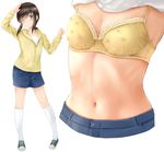  ;) arm_up blue_footwear blue_shorts blush bra breasts brown_hair buttons casual closed_mouth collarbone denim denim_shorts drawstring eyebrows_visible_through_hair floral_print foreshortening frilled_bra frills fubuki_(kantai_collection) full_body green_eyes head_out_of_frame head_tilt irohakaede jacket kantai_collection kneehighs lifted_by_self long_sleeves looking_at_viewer low_ponytail multiple_views navel one_eye_closed salute shirt shirt_lift shoes shorts small_breasts smile standing stomach tareme underwear undressing upper_body white_legwear white_shirt yellow_bra yellow_jacket 
