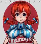  1girl blue_eyes breasts freckles kirubi_san large_breasts red_hair solo striped striped_sleeves twintails wendy&#039;s wendy_(wendy&#039;s) 