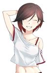  ^_^ arm_behind_back blush bra_strap breasts brown_hair closed_eyes collarbone hand_behind_head highres jilu medium_breasts midriff multicolored_hair navel off_shoulder red_hair ruby_rose rwby shirt short_hair simple_background smile solo t-shirt white_background 