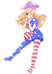  absurdres american_flag_dress american_flag_legwear blonde_hair blush breasts clownpiece double_v dress eyebrows_visible_through_hair full_body hat highres jester_cap long_hair medium_breasts neck_ruff no_wings one_eye_closed pantyhose polka_dot red_eyes short_dress short_sleeves simple_background smile solo star star_print striped striped_dress striped_legwear touhou v white_background yukina_(masyumaro610) 