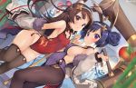  2girls ahoge animal_ears azur_lane bell black_legwear blush breasts brown_hair bunny_ears cleavage_cutout closed_mouth covered_navel double_bun eyebrows_visible_through_hair fake_animal_ears hair_bun hairband jingle_bell kurot large_breasts leotard long_hair looking_at_viewer multiple_girls ning_hai_(azur_lane) panda pantyhose parted_lips ping_hai_(azur_lane) purple_eyes purple_hair purple_leotard red_eyes red_leotard small_breasts smile thighhighs thighs twitter_username white_hairband 