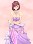  1girl abu bangs bare_shoulders blush breast_squeeze breasts choker cleavage cowboy_shot crossed_arms dagger doily doily_background dress earrings female flower gloves gradient gradient_background holding holding_dagger holding_weapon jewelry large_breasts nel_zelpher pink_background pink_dress purple_eyes red_hair short_hair square_enix standing star_ocean star_ocean_till_the_end_of_time veil weapon wedding_dress wedding_veil white_gloves 
