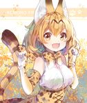  animal_ears blonde_hair bow bowtie chocho_(homelessfox) elbow_gloves extra_ears fang gloves kemono_friends looking_at_viewer open_mouth paw_print serval_(kemono_friends) serval_ears serval_print serval_tail short_hair solo striped_tail tail yellow_eyes 