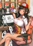  breasts hat highres korean large_breasts legs multiple_boys open_mouth polo_shirt pop_kyun qurare_magic_library shirt short_shorts shorts stylus tablet thick_eyebrows traditional_clothes wavy_hair white_shirt 