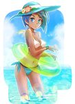  bikini blue_bikini_bottom blue_eyes blue_hat blue_sky breasts ciel_soleil cleavage cloud commentary dark_skin day flower forehead_jewel green_hair green_innertube hat hat_flower iesupa innertube medium_breasts mismatched_bikini navel o-ring o-ring_bikini rwby side-tie_bikini sky solo sparkle swimsuit transparent wading watch water white_bikini white_bikini_top wristwatch 