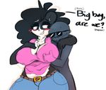  2017 anon anthro bear belt big_breasts black_fur black_hair blush breasts cleavage clothed clothing digital_media_(artwork) duo english_text eyewear female fur hair half-closed_eyes hand_on_breast interspecies larger_female male male/female mammal mature_female midriff ms.maxamillion nipple_bulge panda pants shirt simple_background size_difference slightly_chubby smaller_male sunglasses sweat tacdoodles text thick_thighs voluptuous white_background white_fur wide_hips 