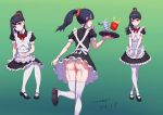  1girl absurdres alternate_costume apron ass bangs black_dress black_footwear black_hair blue_eyes commentary_request dress food french_fries frills garter_straps highres holding holding_tray looking_at_viewer looking_back maid maid_apron maid_dress mcdonald&#039;s orange_scrunchie ponytail red_ribbon ribbon scrunchie short_sleeves sitting smile soft_drink ssss.gridman standing takarada_rikka thighhighs tray user_yunm5888 white_legwear wrist_cuffs 