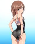  adjusting_clothes adjusting_swimsuit ass asymmetrical_bangs bad_id bad_pixiv_id bangs blue_background blush brown_eyes brown_hair closed_mouth competition_swimsuit cowboy_shot eyebrows_visible_through_hair from_behind gloves hair_ornament hairclip looking_back marupuni misaka_mikoto one-piece_swimsuit smile solo swimsuit thighs to_aru_kagaku_no_railgun to_aru_majutsu_no_index wedgie 