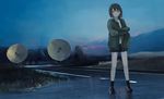  aqua_eyes black_hair black_legwear fantasy highres kgt_(pixiv12957613) looking_at_viewer original radio_telescope runway scenery science_fiction short_hair sweater 