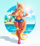  5_fingers anthro areola big_breasts blonde_hair breasts candy clothed clothing cloud ear_tuft eyebrows eyelashes female fluffy fluffy_tail food hair huge_breasts llmixll lollipop looking_at_viewer mammal one_leg_up palm_tree patreon rayke sand shorts sky solo teeth thong topless tree tuft v_sign water 