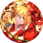  ahoge blonde_hair blush bow breasts cleavage elbow_gloves eyebrows_visible_through_hair fate/extra fate_(series) flower gloves green_eyes hair_bow holding holding_flower kyjsogom large_breasts looking_at_viewer nero_claudius_(fate) nero_claudius_(fate)_(all) red_bow red_flower red_gloves red_rose rose short_hair smile solo thorns transparent_background 