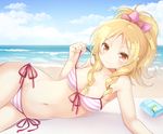  beach bikini blonde_hair bottle bow brown_eyes day drill_hair eromanga_sensei front-tie_top hair_bow long_hair looking_at_viewer lotion lying on_side outdoors pink_bikini pink_bow pointy_ears pulled_by_self red_bow shiro_kuma_shake side-tie_bikini solo strap_pull striped striped_bikini sunscreen swimsuit twin_drills yamada_elf 
