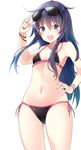  :d akatsuki_(kantai_collection) bare_arms bare_shoulders bikini black-framed_eyewear black_bikini blue_eyes blush bracelet collarbone cowboy_shot eyewear_on_head flat_chest frilled_bikini_top frills hair_between_eyes hand_on_hip highres jewelry kantai_collection long_hair looking_at_viewer matsunoki_(unknown_751) navel open_mouth pink_ribbon purple_eyes purple_hair ribbon side-tie_bikini smile solo standing stomach string_bikini sunglasses swimsuit v-shaped_eyebrows very_long_hair 