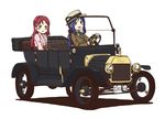  :d :o absurdres blue_hair brown_coat brown_eyes car coat commentary_request convertible driving ford ford_model_t ground_vehicle hair_ornament hairclip half_updo hat highres japanese_clothes kimono license_plate long_hair love_live! love_live!_sunshine!! matsuura_kanan motor_vehicle multiple_girls neckerchief obi open_mouth pink_kimono ponytail purple_eyes rainforce red_hair sakurauchi_riko sash simple_background smile steering_wheel white_background 