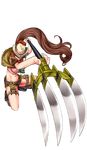  ash_yokoshima breasts brown_hair full_body holding holding_weapon large_breasts long_hair midriff navel nejou_(oshiro_project) official_art oshiro_project oshiro_project_re ponytail sitting solo transparent_background very_long_hair weapon 