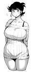  :&gt; arms_behind_back bare_shoulders blush breasts cleavage copyright_request cowboy_shot cropped_legs flying_sweatdrops greyscale highres hips huge_breasts looking_at_viewer monochrome ribbed_sweater short_hair simple_background smile solo sweater synecdoche thick_thighs thighs white_background 