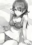  absurdres bangs bikini breasts cleavage closed_mouth day eyebrows_visible_through_hair greyscale highres long_hair looking_at_viewer medium_breasts monochrome okuto original outdoors sitting smile solo swimsuit 