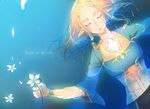  afloat bangs bracer chitose_mame closed_eyes copyright_name eyebrows flower forehead hair_down hair_ornament hairclip long_hair lying on_back parted_bangs pointy_ears princess_zelda solo the_legend_of_zelda the_legend_of_zelda:_breath_of_the_wild water 