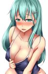  1girl aqua_eyes aqua_hair arm_support blue_swimsuit blush breasts cleavage collarbone competition_swimsuit covered_navel erect_nipples eyebrows_visible_through_hair hair_between_eyes hair_ornament hairclip hand_on_own_chest heart heart-shaped_pupils highres kantai_collection large_breasts long_hair looking_at_viewer one-piece_swimsuit open_mouth simple_background smile solo suzuya_(kantai_collection) swimsuit symbol-shaped_pupils terakoya upper_body white_background 