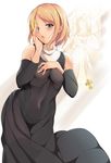  absurdres bad_id bad_pixiv_id bad_revision bare_shoulders black_dress blonde_hair blue_eyes blush breasts commentary_request covered_navel cross detached_sleeves downscaled_revision dress earrings eyebrows_visible_through_hair hand_on_own_chest hand_on_own_face heart heart-shaped_pupils highres jewelry junketsu_no_maria looking_at_viewer maria_(junketsu_no_maria) medium_breasts open_mouth panties see-through short_hair solo standing suigetsu_(hjs1106) symbol-shaped_pupils thighhighs underwear 