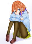  1girl arms_on_knees blue_cardigan blue_eyes blush brown_footwear go-toubun_no_hanayome green_skirt hair_between_eyes headphones headphones_around_neck long_hair madamudesu nakano_miku orange_hair pantyhose pleated_skirt pout sitting skirt 