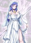 absurdres alternate_breast_size black_choker blue_eyes blue_hair braid breasts bridal_veil caster choker cleavage corset cowboy_shot detached_sleeves dress fate/stay_night fate_(series) gggg gown highres jewelry large_breasts long_hair long_skirt looking_at_viewer necklace pointy_ears ribbon side_braid side_slit skirt skirt_hold solo veil wedding_dress white_dress 