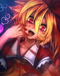  :d ascot blonde_hair blood blood_on_face blood_stain bloody_hands commentary_request fangs fixelcat flandre_scarlet hair_ornament hair_ribbon hand_to_own_mouth koumajou_densetsu looking_at_viewer nail_polish open_mouth red_eyes ribbon short_sleeves slit_pupils smile solo touhou upper_body v-shaped_eyebrows wide_sleeves wings yellow_neckwear 