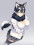  absurdres animal_ears black_hair black_legwear blazer blue_eyes blush body_blush bonkiru breasts closed_mouth commentary crossed_arms dog_ears dog_tail from_above fur_collar gradient gradient_background grey_background hair_between_eyes highres jacket kemono_friends large_breasts long_hair multicolored_hair original plaid plaid_skirt pleated_skirt shirt skirt smile solo standing tail thighhighs two-tone_hair very_long_hair white_hair white_shirt 