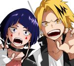  1girl bangs blonde_hair blue_eyes blue_hair blunt_bangs blush boku_no_hero_academia choker earplugs facial_mark fingerless_gloves gloves half-closed_eyes hands headphones jirou_kyouka kaminari_denki komiya_harumoto looking_at_viewer multicolored_hair open_mouth plug simple_background streaked_hair teeth upper_body white_background yellow_eyes 