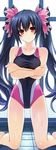  arms_under_breasts bangs bare_shoulders barefoot black_bow black_hair black_swimsuit blush bow breast_hold breasts chou_megami_shinkou_noire_gekishin_black_heart cleavage collarbone competition_swimsuit covered_navel crossed_arms hair_between_eyes hair_bow head_tilt hips jpeg_artifacts legs_apart looking_at_viewer medium_breasts multicolored multicolored_bow multicolored_clothes multicolored_swimsuit neptune_(series) noire official_art one-piece_swimsuit parted_bangs pink_bow pink_swimsuit poolside raised_eyebrows red_eyes sidelocks swimsuit taut_clothes tile_floor tiles tsunako twintails wavy_hair wet 