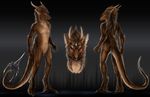  anthro avelos brown_fur brown_hair digitigrade dragon featureless_crotch fur hair horn isvoc male model_sheet purple_eyes solo standing 