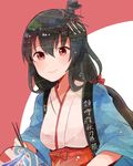  alternate_costume alternate_hairstyle chopsticks eyebrows eyebrows_visible_through_hair fan fusou_(kantai_collection) grill hair_between_eyes hair_ornament holding holding_chopsticks itomugi-kun japanese_clothes kantai_collection long_hair looking_at_viewer multicolored multicolored_background paper_fan red_eyes shichirin simple_background smile solo tied_hair upper_body 