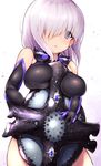  :o bare_shoulders between_breasts breasts cisyo commentary_request cowboy_shot elbow_gloves fate/grand_order fate_(series) gloves hair_over_one_eye highres lavender_hair looking_at_viewer mash_kyrielight medium_breasts open_mouth purple_eyes purple_hair shield short_hair skirt solo 