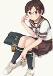  bad_id bad_pixiv_id bag black_legwear brown_eyes brown_hair brown_sailor_collar brown_skirt glasses holding kantai_collection kneehighs makio_(makiomeigenbot) pleated_skirt ponytail red-framed_eyewear sailor_collar school_uniform serafuku shikinami_(kantai_collection) shoes short_hair short_sleeves skirt sneakers solo 