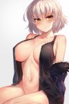  1girl bangs black_dress blue_coat blush breasts closed_mouth coat collarbone commentary dress fate/grand_order fate_(series) fur-trimmed_coat fur_trim hair_between_eyes highres jeanne_d&#039;arc_(alter)_(fate) jeanne_d&#039;arc_(fate)_(all) large_breasts looking_at_viewer motokonut navel off_shoulder open_clothes open_coat open_dress short_dress short_hair silver_hair sitting solo thighs wariza wicked_dragon_witch_ver._shinjuku_1999 yellow_eyes 