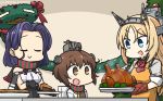  3girls apron bare_shoulders black_gloves blonde_hair blue_eyes brown_eyes brown_hair capelet christmas_wreath commentary_request dated dress eyes_closed flower food gloves hamu_koutarou headgear highres kantai_collection long_hair long_sleeves mechanical_halo military military_uniform multiple_girls neckerchief nelson_(kantai_collection) open_mouth oven_mitts pie purple_hair red_flower red_rose remodel_(kantai_collection) rose sailor_dress scarf short_hair sleeveless striped striped_scarf tatsuta_(kantai_collection) turkey_(food) uniform upper_teeth yellow_apron yellow_neckwear yukikaze_(kantai_collection) 