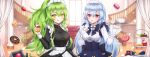  2girls :p bangs black_dress blue_bow blue_hair blue_skirt blurry blurry_background bow breasts brown_eyes commentary cup cupcake day depth_of_field dinergate_(girls_frontline) doughnut dress dress_shirt english_commentary eyebrows_visible_through_hair fang food food_on_face fruit girls_frontline gloves grapes green_hair hair_between_eyes half_gloves high_ponytail highres holding holding_food holding_tray indoors juliet_sleeves long_hair long_sleeves m950a_(girls_frontline) macaron maid_headdress medium_breasts multiple_girls parted_lips pong_(vndn124) ponytail puffy_sleeves red_eyes shirt skirt stairs strawberry sunlight teacup teapot thunder_(girls_frontline) tiered_tray tongue tongue_out tray upper_body very_long_hair white_gloves white_shirt wide_sleeves window 