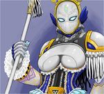  1girl armor artist_request blue_eyes breasts cleavage_cutout female glowing glowing_eyes grey_skin jellica juken_sentai_gekiranger jyuken_sentai_gekiranger kazgok looking_at_viewer mask md5_mismatch power_rangers power_rangers_jungle_fury rageku sentai solo super_sentai underboob veil 