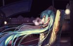  1girl bangs black_jacket building danjou_sora green_eyes green_hair hair_between_eyes hatsune_miku instrument_case jacket long_hair looking_away looking_to_the_side night night_sky open_mouth outdoors profile sky solo standing twintails upper_body very_long_hair vocaloid 