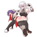  armpits ass crying freia_kagami grey_eyes grin hair_grab hand_on_another's_head head_grab kobayakawa_shiho long_hair multiple_girls open_mouth papa purple_hair red_eyes short_hair smile source_request spanked spanking white_background white_hair wrestle_angels wrestle_angels_survivor 