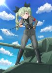  1girl anchovy anzio_military_uniform carro_armato_p40 cloud day drill_hair girls_und_panzer green_hair ground ground_vehicle highres kayama_kouji military military_vehicle motor_vehicle necktie one_eye_closed pants red_eyes shirt sky smile solo standing sun tank twin_drills v 