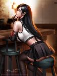  1girl ass black_hair black_legwear blurry blurry_background breasts closed_eyes earrings elbow_gloves final_fantasy final_fantasy_vii finger_to_mouth fingerless_gloves gloves highres jewelry large_breasts liang_xing lips long_hair low-tied_long_hair shirt sitting skirt solo suspender_skirt suspenders tank_top taut_clothes taut_shirt thighhighs tifa_lockhart white_tank_top 