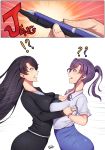  !? 2girls ?? absurdres artist_name band-width black_hair breast_press breasts cleavage comic highres large_breasts long_hair looking_at_another motion_lines multiple_girls office_lady open_mouth original pen pencil_skirt personification ponytail purple_hair signature skirt surprised symmetrical_docking watch wrist_grab wristwatch yuri 