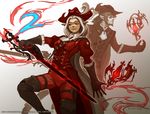  1girl boots brown_eyes brown_hair coat copyright_name dark_skin elezen elf final_fantasy final_fantasy_xiv gloves hat knee_boots official_art pointy_ears rapier red_mage sword watermark weapon white_hair 