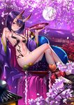 alcohol apple barefoot blush breasts cherry_blossoms cup fang fang_out fate/grand_order fate_(series) food fruit full_moon gourd grapes highres horns japanese_clothes kimono moon navel oni oni_horns open_clothes open_kimono peach purple_eyes purple_hair revealing_clothes sakazuki sake shuten_douji_(fate/grand_order) sideboob sitting small_breasts smile solo swordsouls 