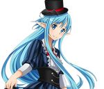  asuna_(sao) asuna_(sao-alo) black_hat blue_eyes dress fang_out hat long_hair looking_at_viewer neck_ribbon official_art pointy_ears red_ribbon ribbon skirt_hold smile solo striped sword_art_online sword_art_online:_code_register transparent_background upper_body vertical-striped_dress vertical_stripes 