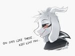  2016 anthro asriel_dreemurr black_sclera blush bust_portrait caprine clothed clothing dialogue english_text fangs fur glacierponi goat god_of_hyperdeath horn looking_at_viewer male mammal portrait simple_background solo text undertale video_games white_background white_fur 