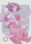  absurdres artist_name black_hair bow character_name copyright_name cup dress extra_eyes fewer_digits food hair_bow highres holding holding_cup monster_girl muffet multiple_arms parted_lips pink_bow pink_dress pouring purple_skin red_eyes sadsan short_hair solo standing teacup undertale 